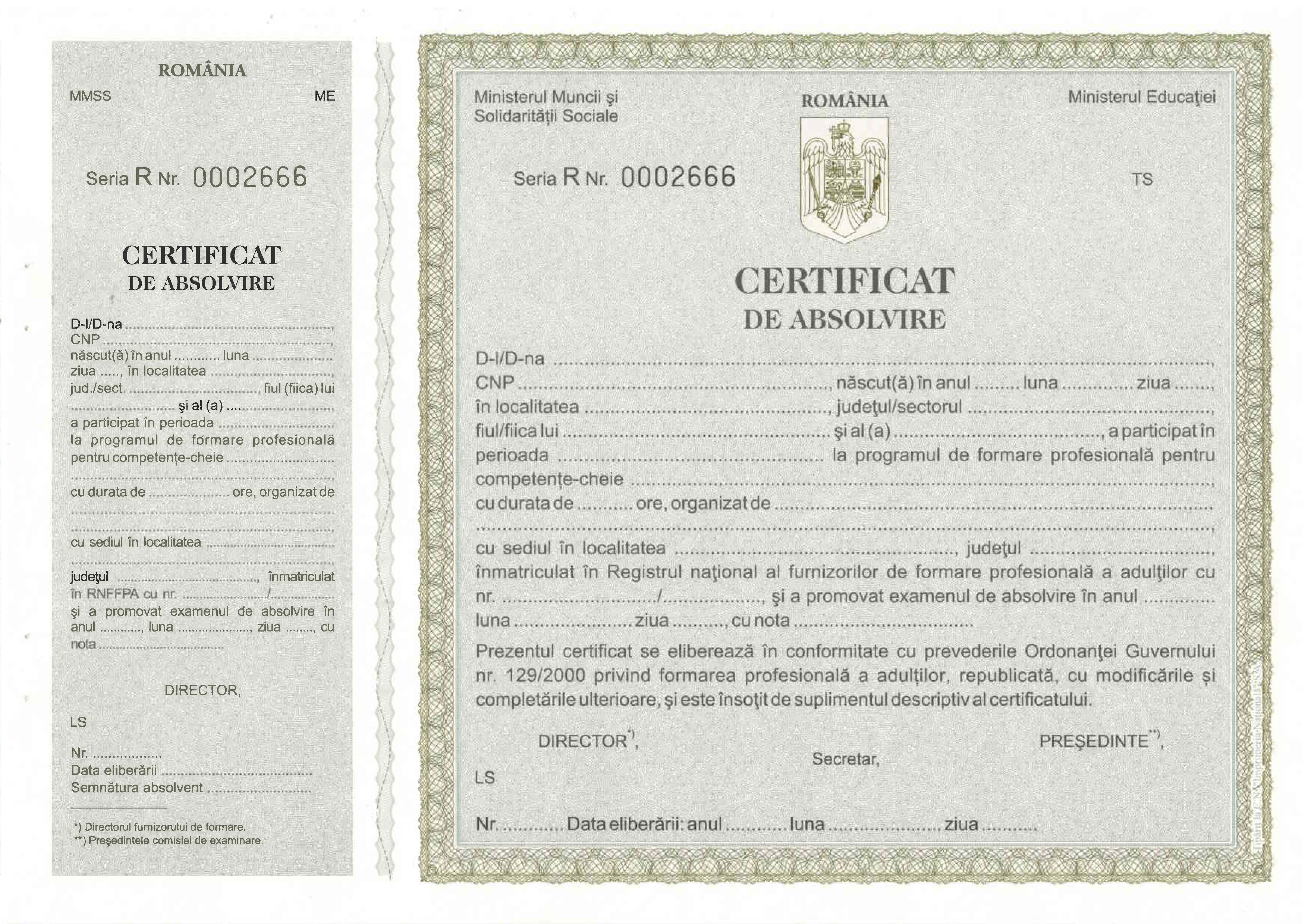 Certificat de absolvire competențe cheie - Seria R - formular tipizat gri