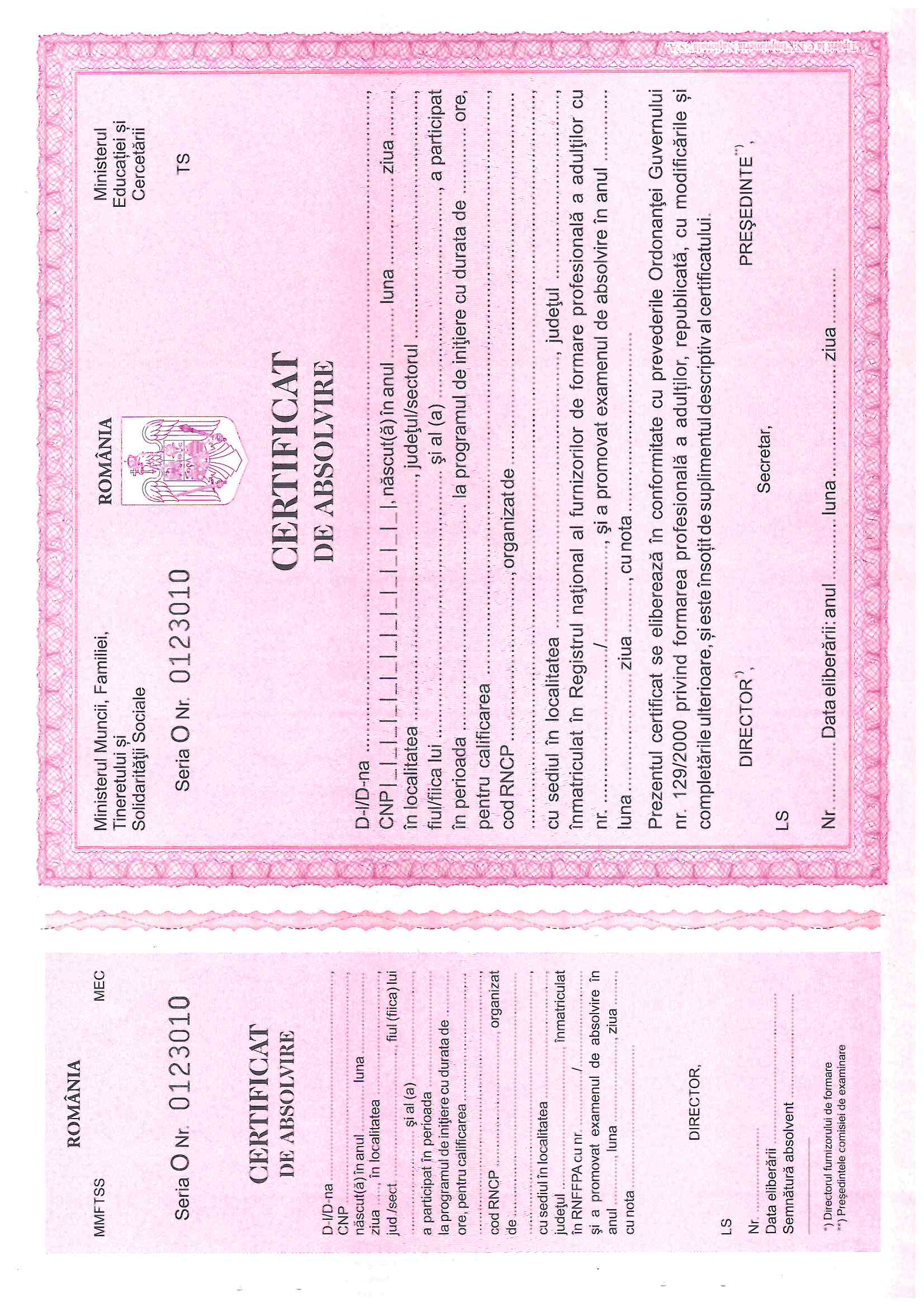 Certificat de absolvire inițiere - Seria O - formular tipizat roz