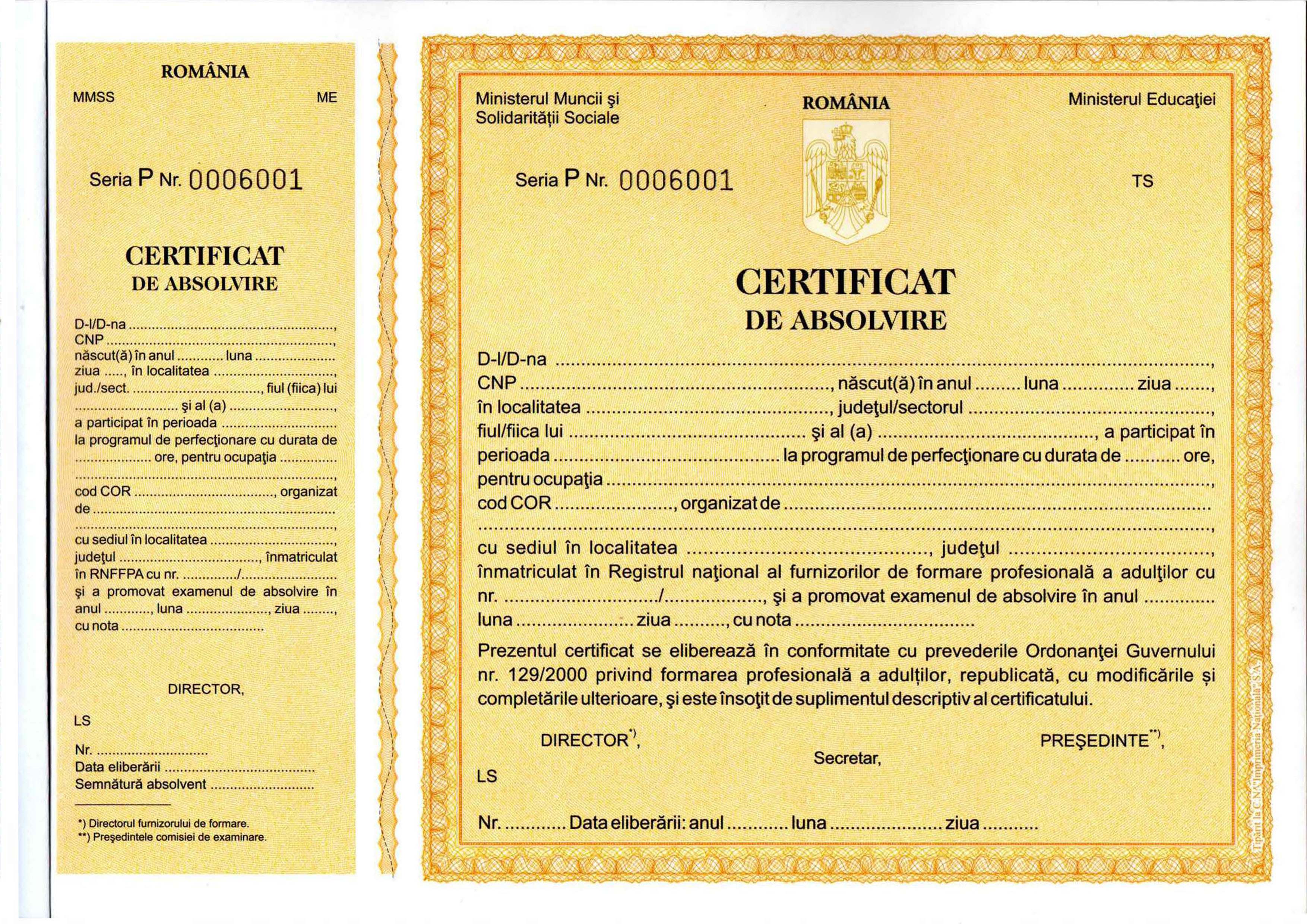 Certificat de absolvire perfecționare - Seria P - formular tipizat galben