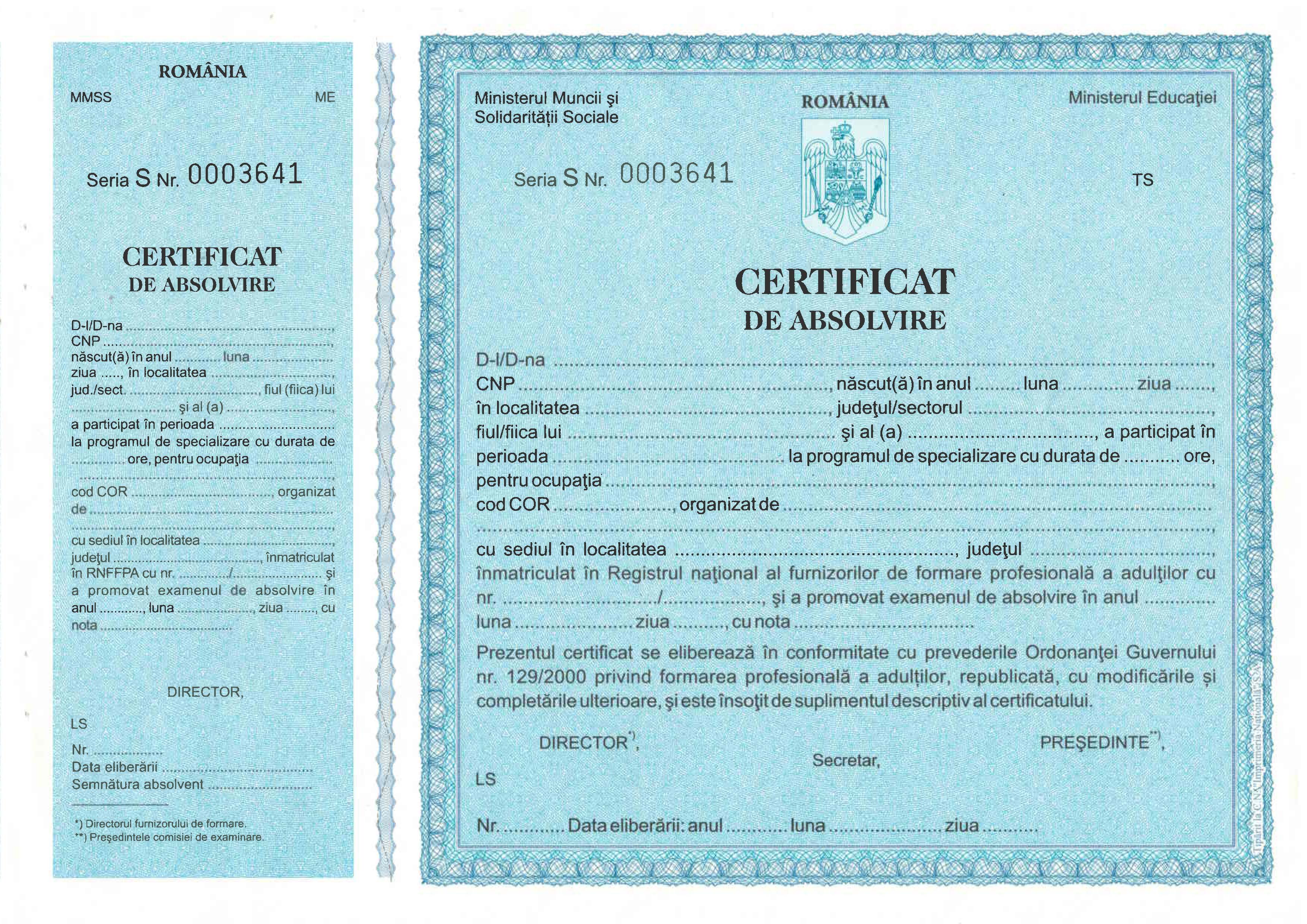 Certificat de absolvire specializare - Seria S - formular tipizat albastru