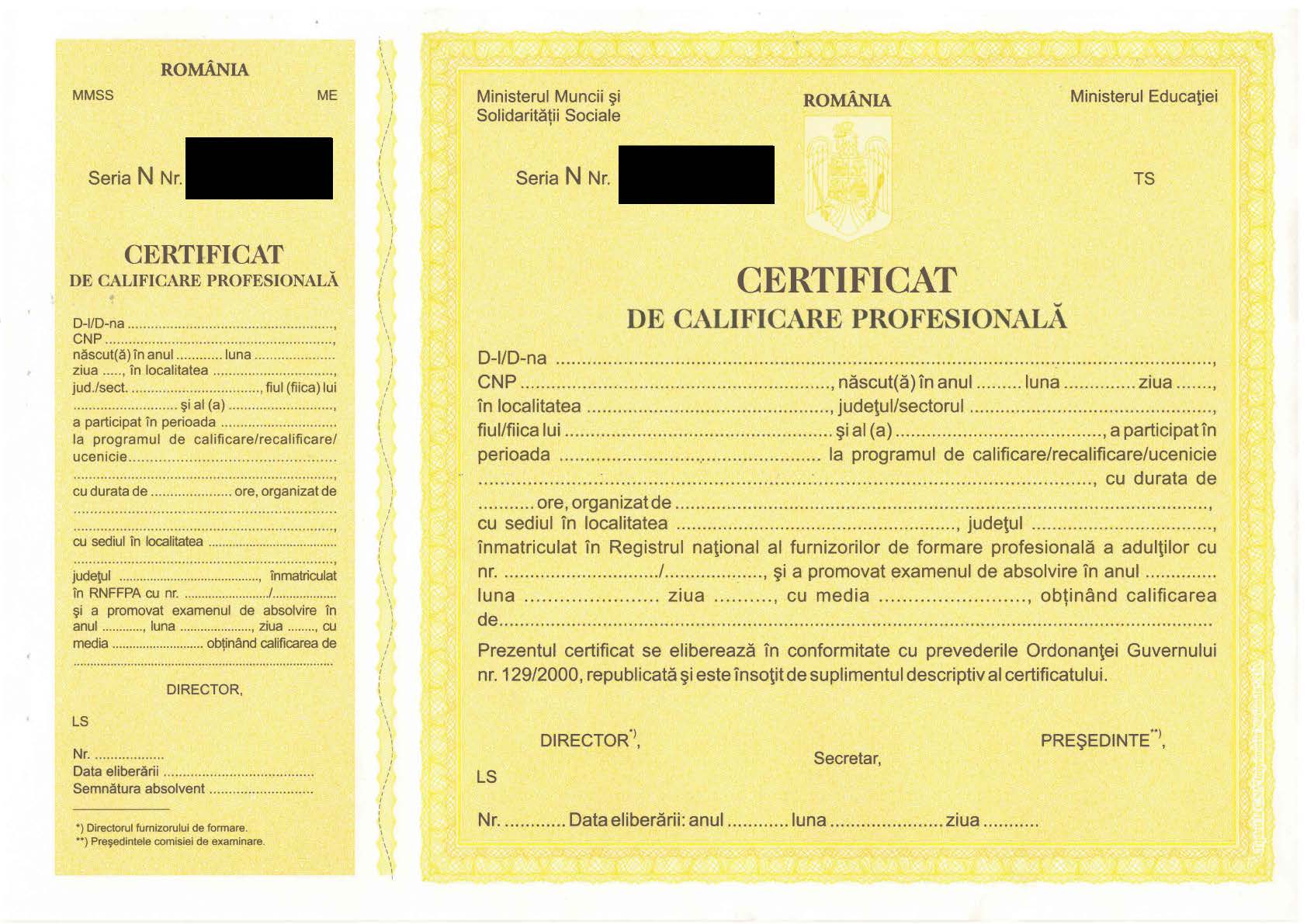 Certificat de calificare profesională - Seria N - formular tipizat galben